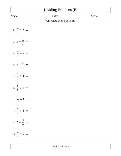 The Dividing Proper Fractions and Whole Numbers with All Simplification (E) Math Worksheet