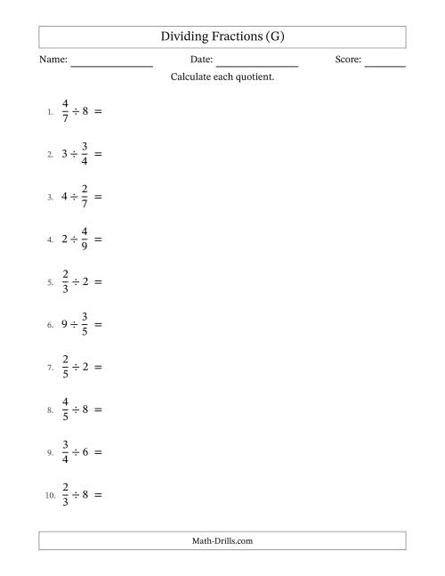The Dividing Proper Fractions and Whole Numbers with All Simplification (G) Math Worksheet