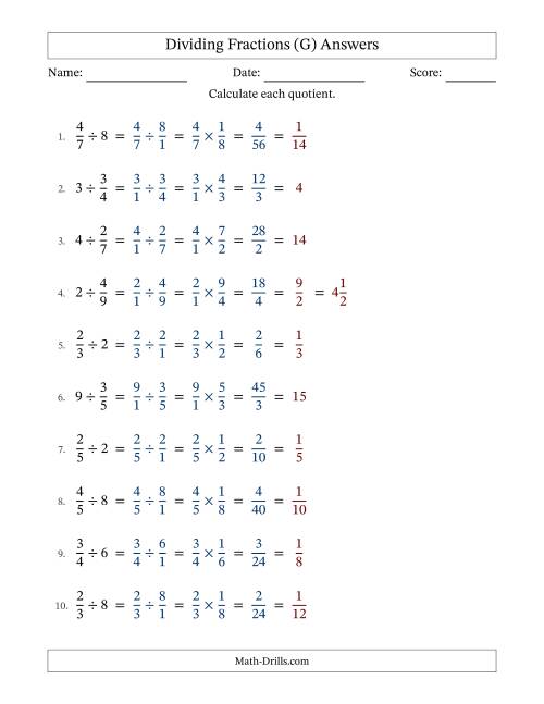 The Dividing Proper Fractions and Whole Numbers with All Simplification (G) Math Worksheet Page 2