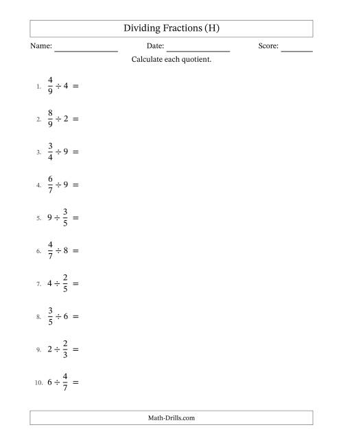 The Dividing Proper Fractions and Whole Numbers with All Simplification (H) Math Worksheet