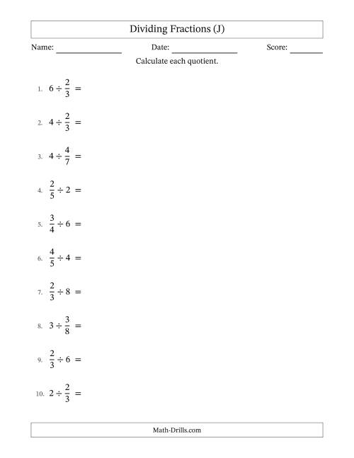 The Dividing Proper Fractions and Whole Numbers with All Simplification (J) Math Worksheet
