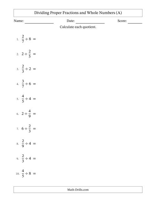 The Dividing Proper Fractions and Whole Numbers with All Simplifying (All) Math Worksheet