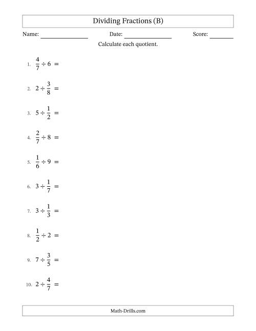 The Dividing Proper Fractions and Whole Numbers with Some Simplification (B) Math Worksheet