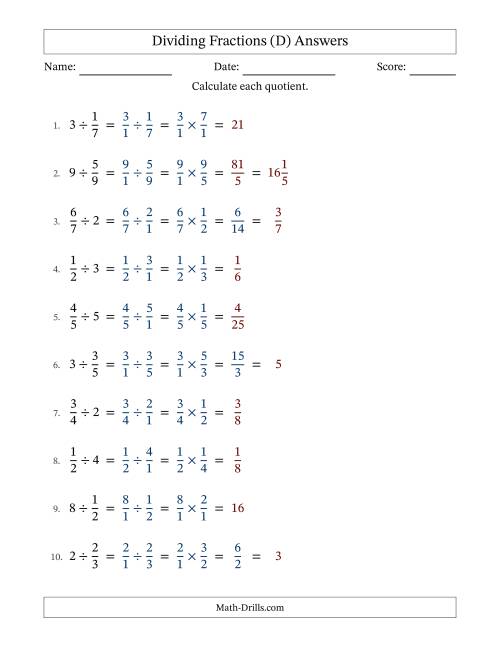 The Dividing Proper Fractions and Whole Numbers with Some Simplification (D) Math Worksheet Page 2