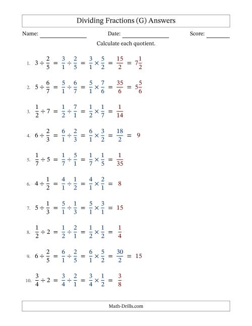 The Dividing Proper Fractions and Whole Numbers with Some Simplification (G) Math Worksheet Page 2