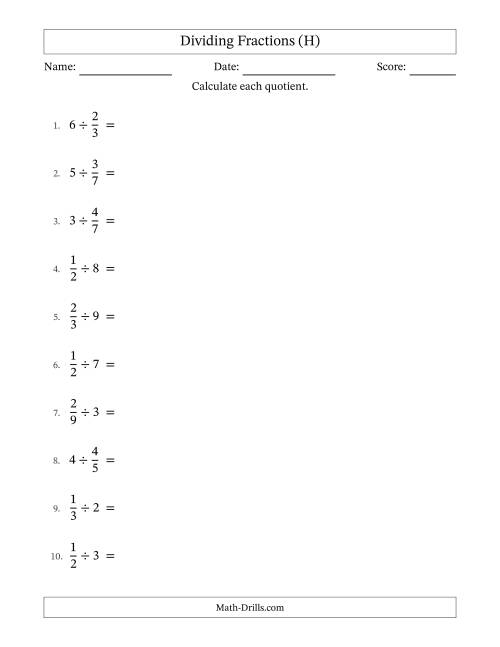 The Dividing Proper Fractions and Whole Numbers with Some Simplification (H) Math Worksheet