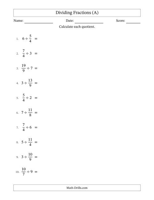 The Dividing Improper Fractions and Whole Numbers with No Simplifying (A) Math Worksheet