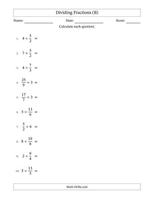 The Dividing Improper Fractions and Whole Numbers with No Simplification (B) Math Worksheet