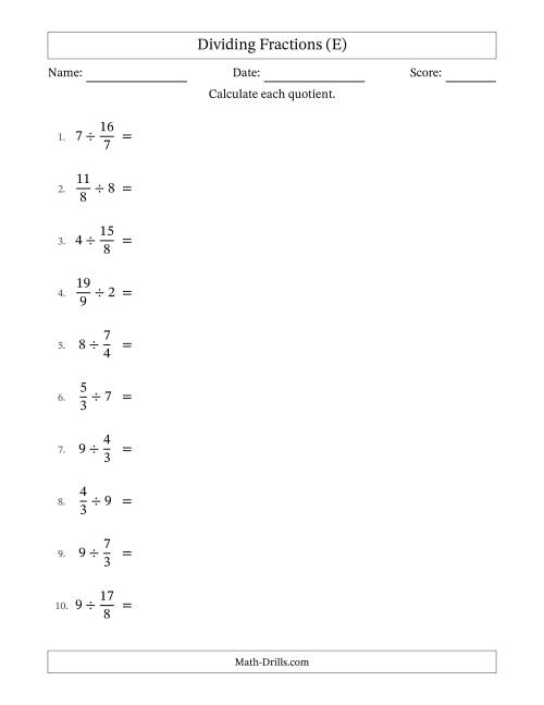 The Dividing Improper Fractions and Whole Numbers with No Simplification (E) Math Worksheet
