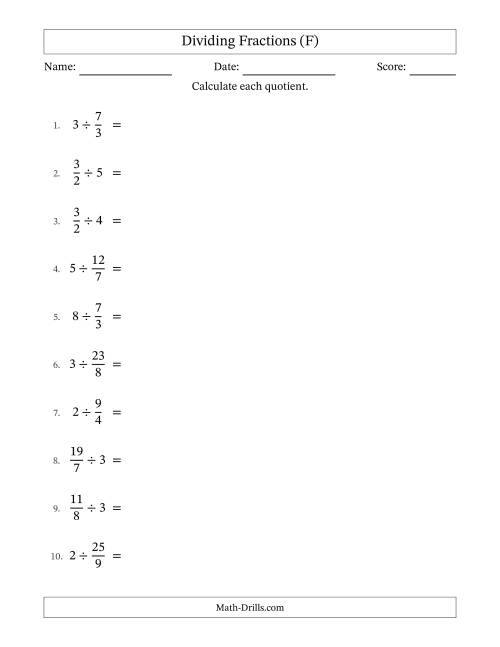 The Dividing Improper Fractions and Whole Numbers with No Simplification (F) Math Worksheet