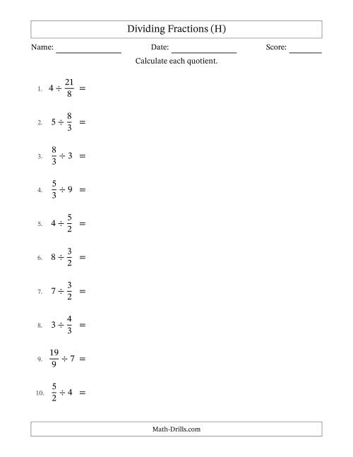 The Dividing Improper Fractions and Whole Numbers with No Simplification (H) Math Worksheet
