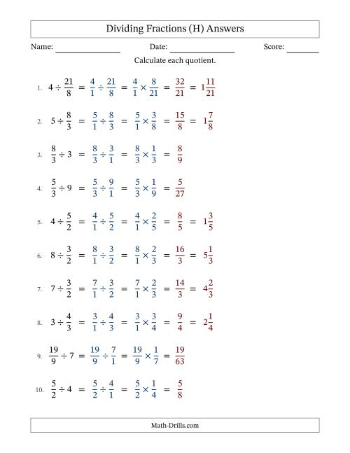 The Dividing Improper Fractions and Whole Numbers with No Simplification (H) Math Worksheet Page 2