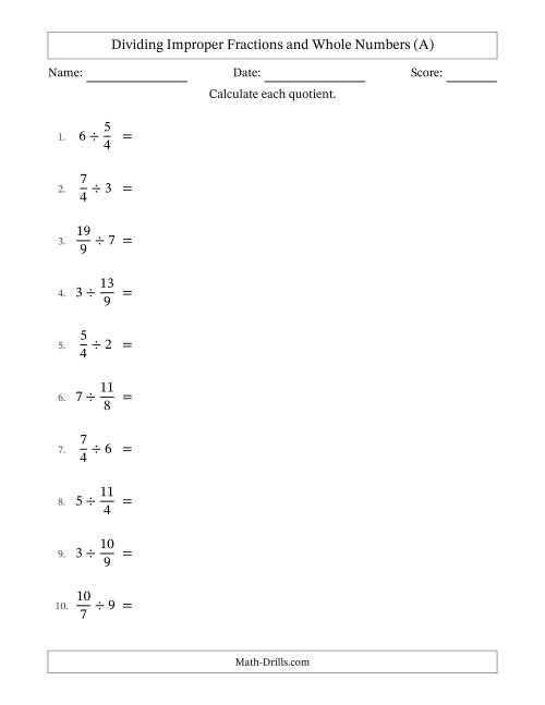 The Dividing Improper Fractions and Whole Numbers with No Simplifying (All) Math Worksheet