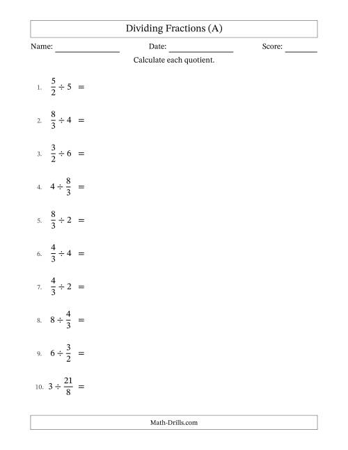 The Dividing Improper Fractions and Whole Numbers with All Simplifying (A) Math Worksheet