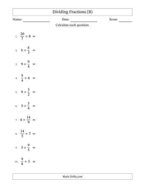 The Dividing Improper Fractions and Whole Numbers with All Simplification (B) Math Worksheet