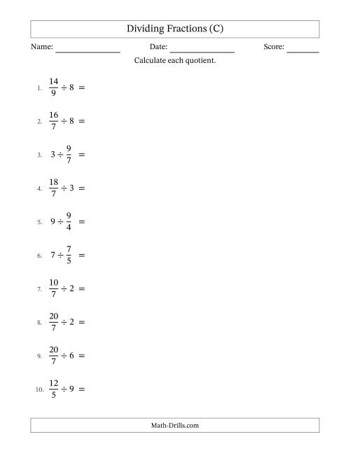 The Dividing Improper Fractions and Whole Numbers with All Simplification (C) Math Worksheet