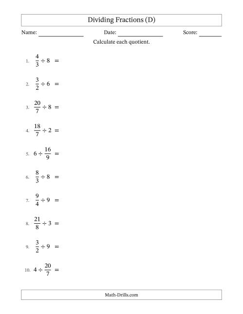 The Dividing Improper Fractions and Whole Numbers with All Simplification (D) Math Worksheet
