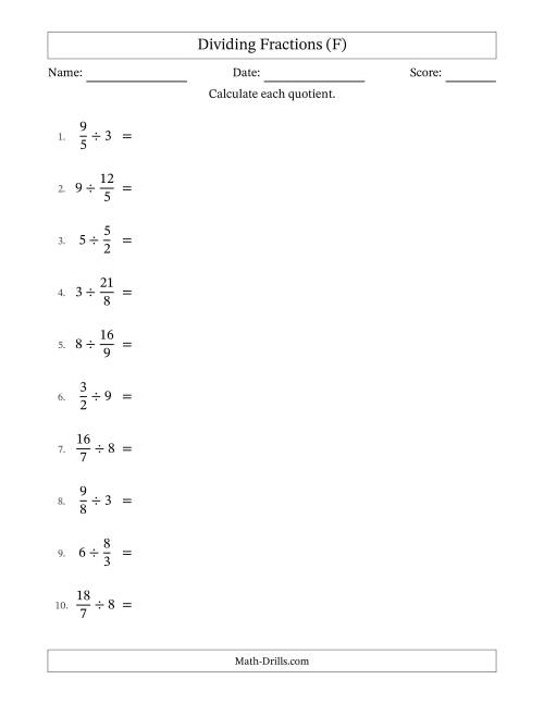 The Dividing Improper Fractions and Whole Numbers with All Simplification (F) Math Worksheet