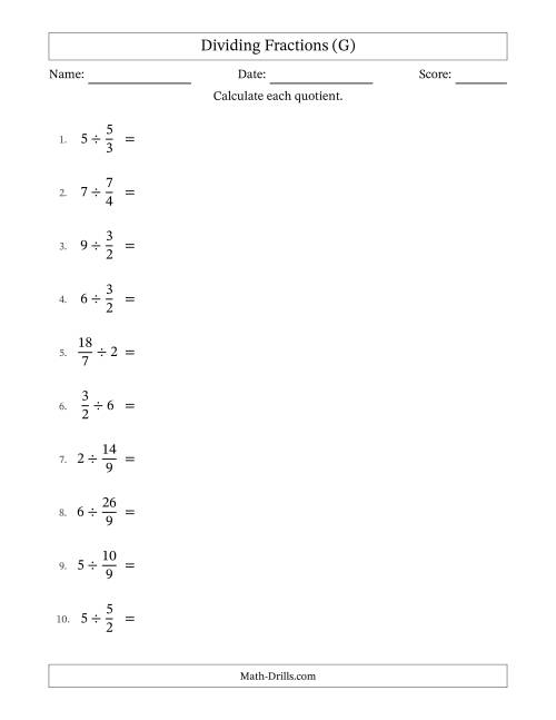 The Dividing Improper Fractions and Whole Numbers with All Simplification (G) Math Worksheet