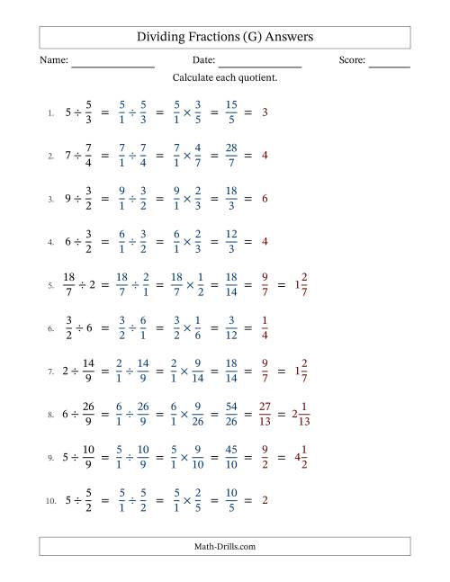 The Dividing Improper Fractions and Whole Numbers with All Simplification (G) Math Worksheet Page 2