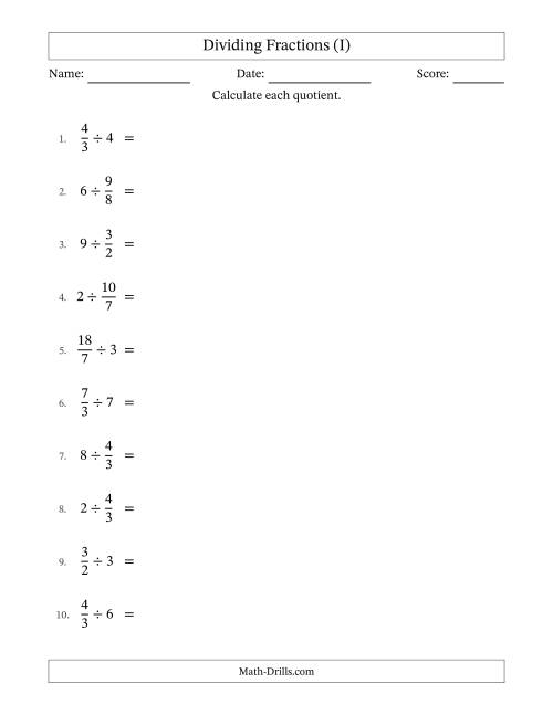 The Dividing Improper Fractions and Whole Numbers with All Simplification (I) Math Worksheet