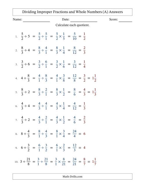 The Dividing Improper Fractions and Whole Numbers with All Simplifying (All) Math Worksheet Page 2