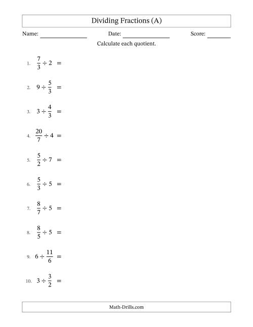 The Dividing Improper Fractions and Whole Numbers with Some Simplifying (A) Math Worksheet