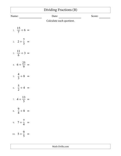 The Dividing Improper Fractions and Whole Numbers with Some Simplification (B) Math Worksheet
