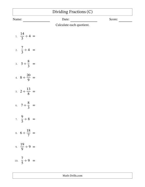 The Dividing Improper Fractions and Whole Numbers with Some Simplification (C) Math Worksheet