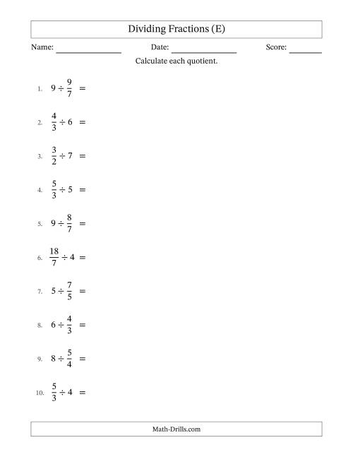 The Dividing Improper Fractions and Whole Numbers with Some Simplification (E) Math Worksheet