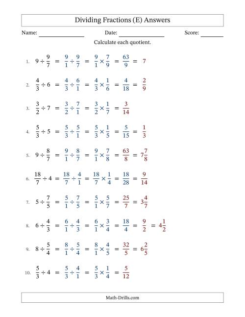 The Dividing Improper Fractions and Whole Numbers with Some Simplification (E) Math Worksheet Page 2