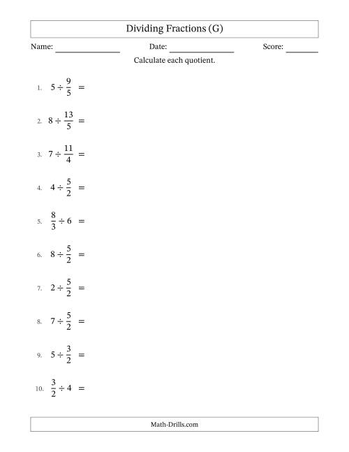 The Dividing Improper Fractions and Whole Numbers with Some Simplification (G) Math Worksheet