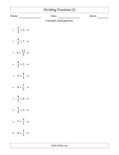 The Dividing Improper Fractions and Whole Numbers with Some Simplification (J) Math Worksheet