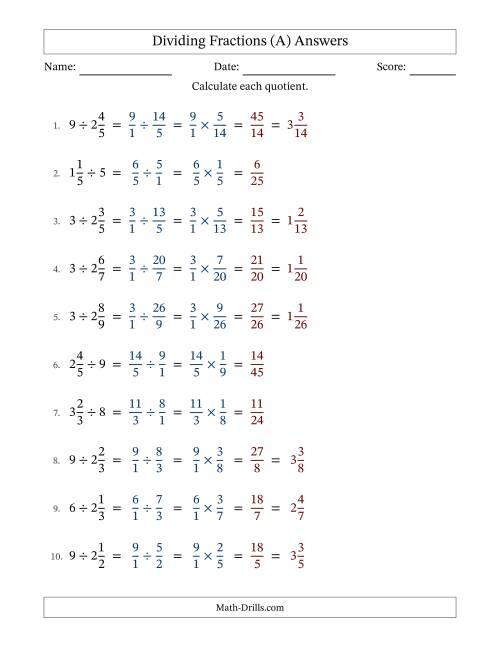 The Dividing Mixed Fractions and Whole Numbers with No Simplifying (A) Math Worksheet Page 2
