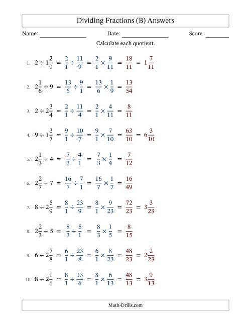 The Dividing Mixed Fractions and Whole Numbers with No Simplification (B) Math Worksheet Page 2