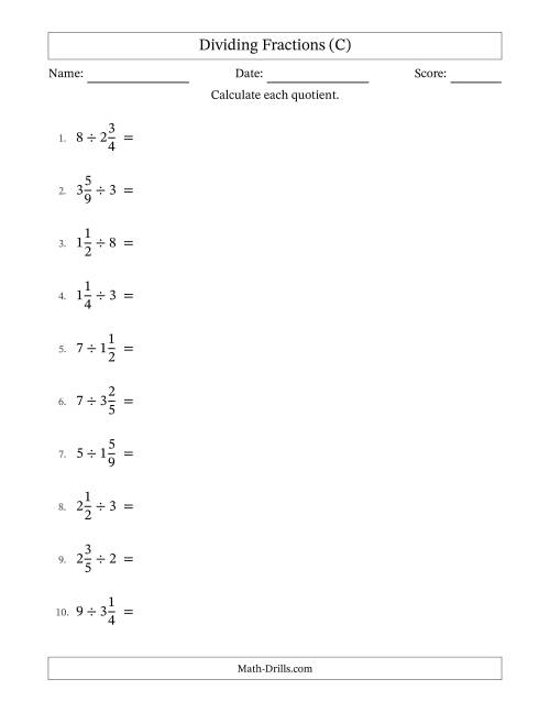 The Dividing Mixed Fractions and Whole Numbers with No Simplification (C) Math Worksheet