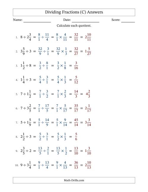 The Dividing Mixed Fractions and Whole Numbers with No Simplification (C) Math Worksheet Page 2