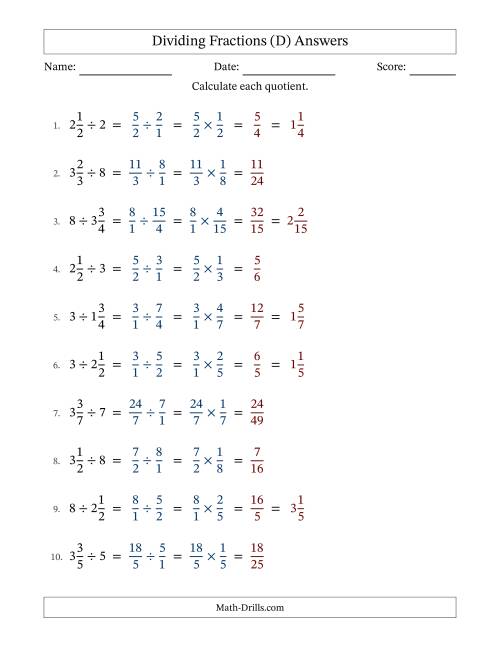 The Dividing Mixed Fractions and Whole Numbers with No Simplification (D) Math Worksheet Page 2