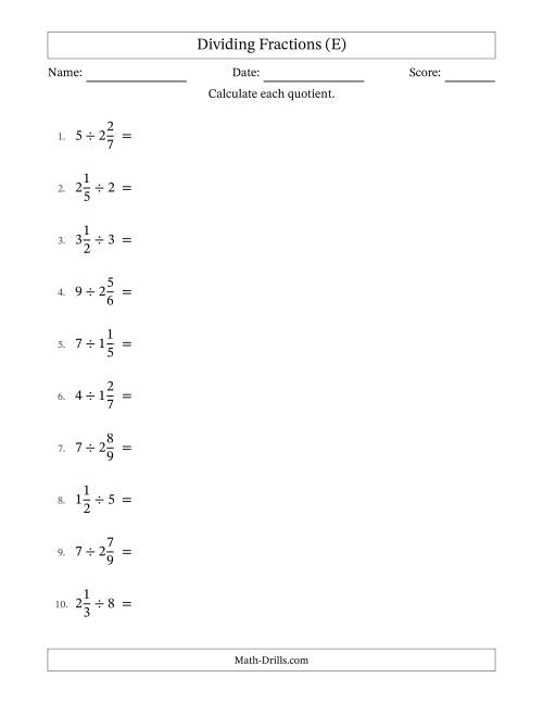 The Dividing Mixed Fractions and Whole Numbers with No Simplification (E) Math Worksheet