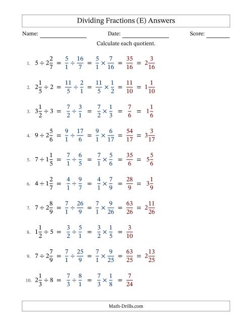 The Dividing Mixed Fractions and Whole Numbers with No Simplification (E) Math Worksheet Page 2