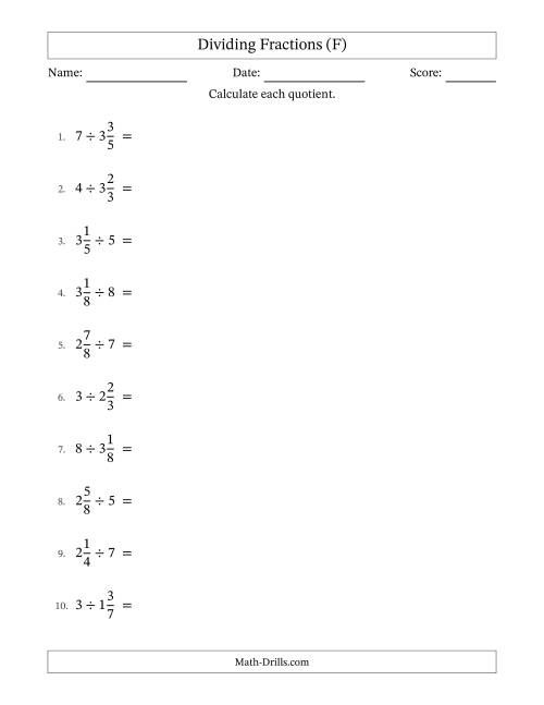 The Dividing Mixed Fractions and Whole Numbers with No Simplification (F) Math Worksheet