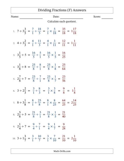 The Dividing Mixed Fractions and Whole Numbers with No Simplification (F) Math Worksheet Page 2
