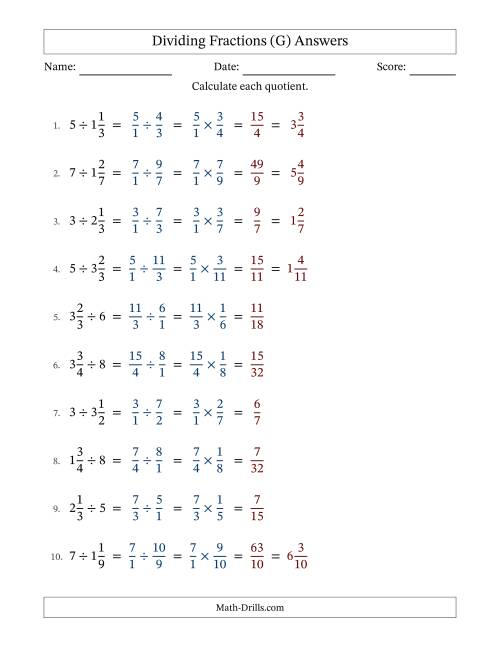 The Dividing Mixed Fractions and Whole Numbers with No Simplification (G) Math Worksheet Page 2