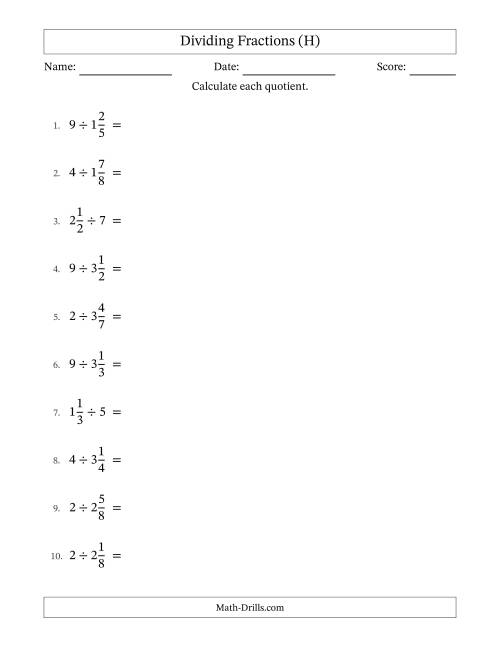 The Dividing Mixed Fractions and Whole Numbers with No Simplification (H) Math Worksheet