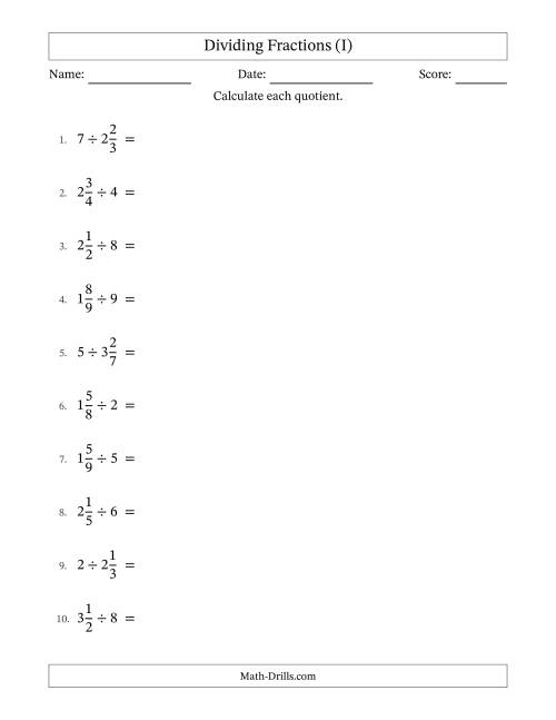 The Dividing Mixed Fractions and Whole Numbers with No Simplification (I) Math Worksheet