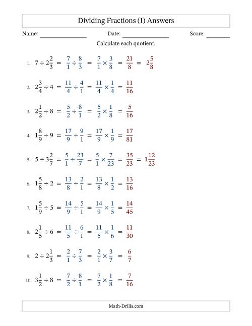 The Dividing Mixed Fractions and Whole Numbers with No Simplification (I) Math Worksheet Page 2
