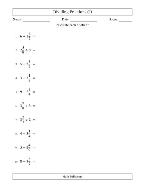 The Dividing Mixed Fractions and Whole Numbers with No Simplification (J) Math Worksheet