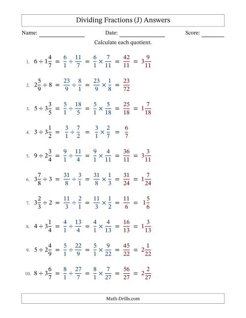 The Dividing Mixed Fractions and Whole Numbers with No Simplification (J) Math Worksheet Page 2