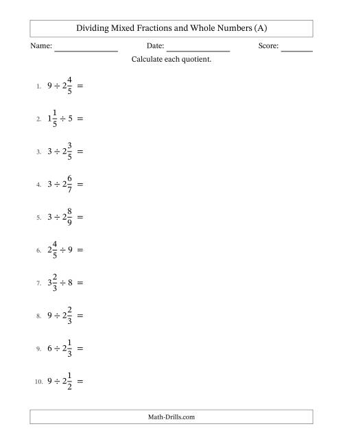 The Dividing Mixed Fractions and Whole Numbers with No Simplifying (All) Math Worksheet