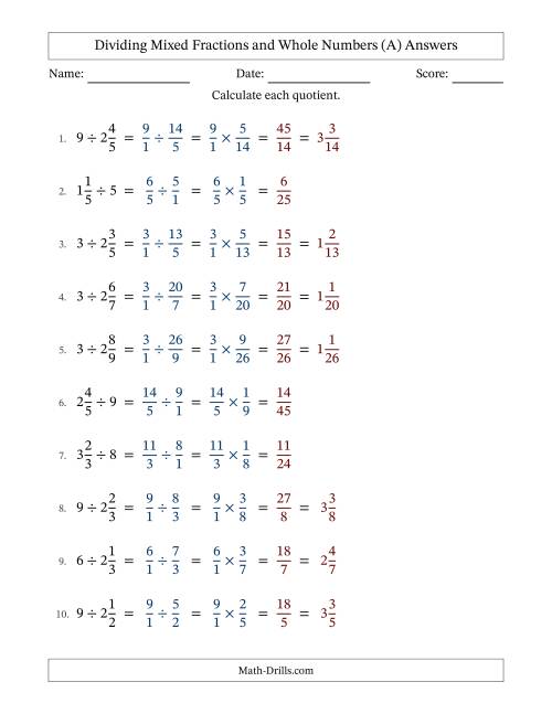 The Dividing Mixed Fractions and Whole Numbers with No Simplifying (All) Math Worksheet Page 2